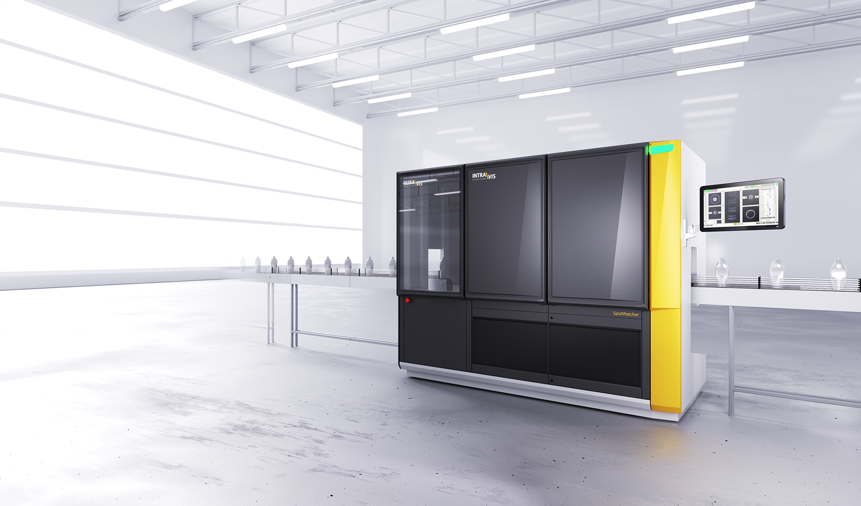 Industriedesign des Intravis SpotWatcher, eines optischen Inspektionssystems für Kunststoffbehälter, in einer Produktionshalle