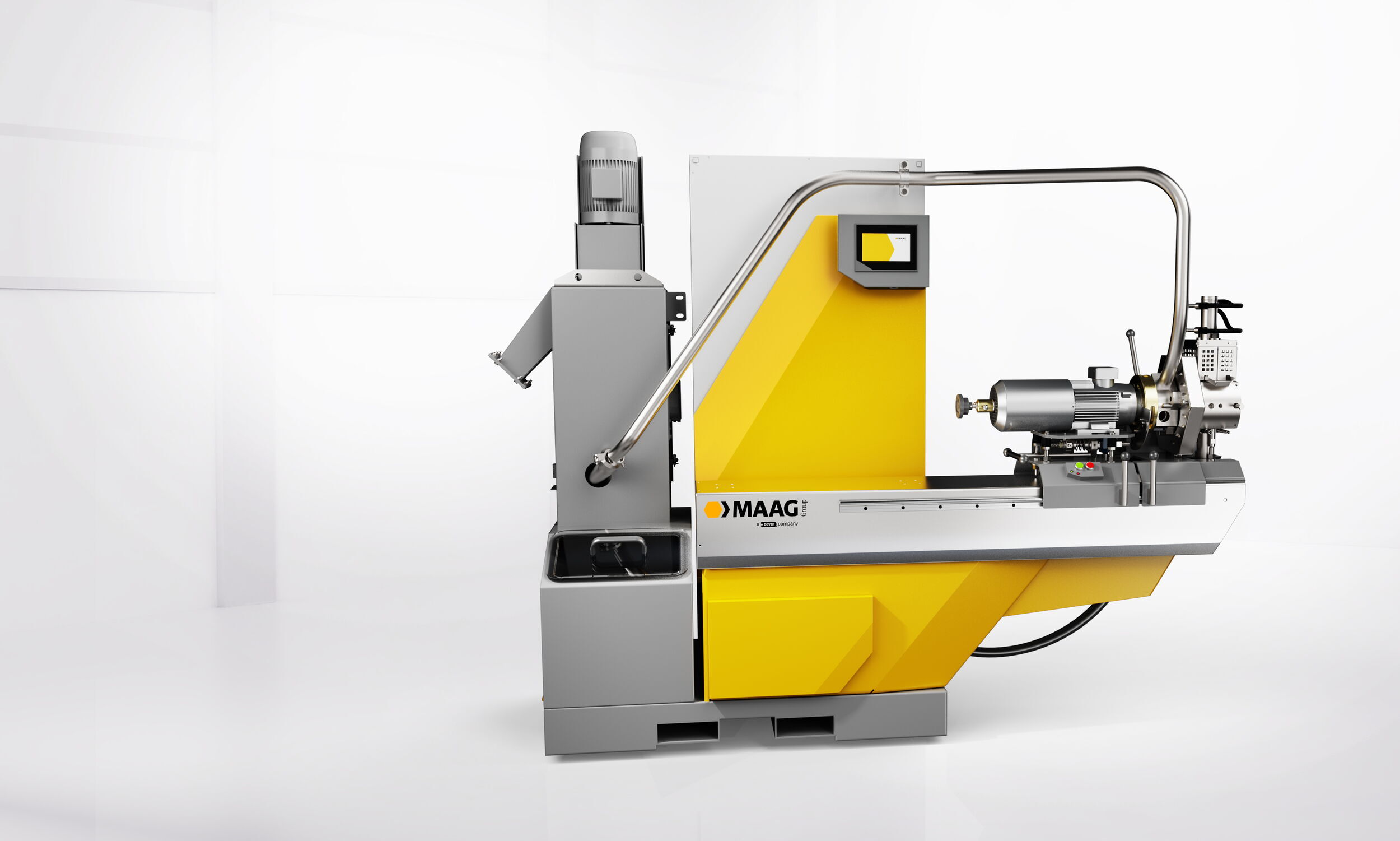 MAAG Pearlo CS 50 Laboranlage zur Unterwassergranulierung mit kompaktem Maschinendesign, schwenkbarem Touchpanel und beidseitigem Zugang für Bedienung und Wartung.