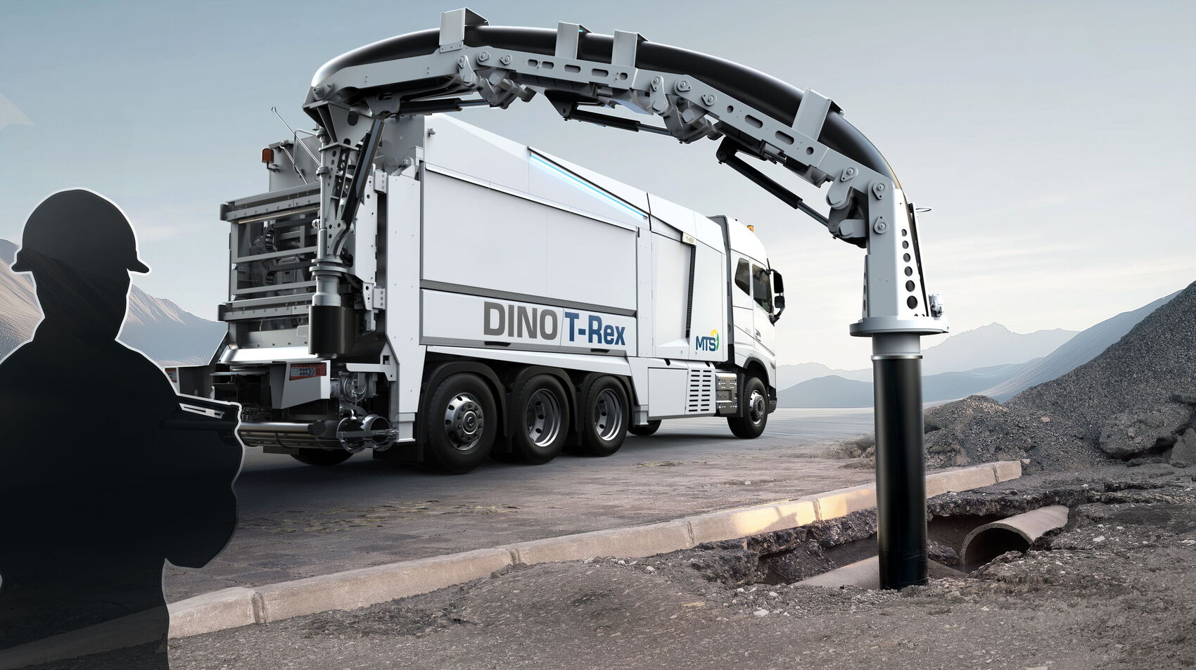 MTS DINO T-Rex Saugbagger mit großem Saugausleger für effiziente Erdarbeiten, entwickelt mit funktionalem Industrial Design für den professionellen Tiefbau.