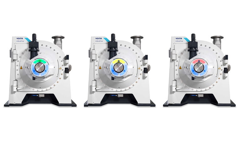 Industriedesign des Voith InfibraFiners mit integriertem SmartLight zur intuitiven Visualisierung von Maschinenstatus, Performance und Wartungszustand für großformatige Prozessmaschinen der Papierindustrie.
