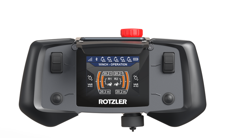 ROTZLER APEX Fernbedienung mit ergonomisch geformten Griffbereichen, optimal angeordneten Bedienelementen und benutzerorientiertem Industrial Design für den professionellen Einsatz.