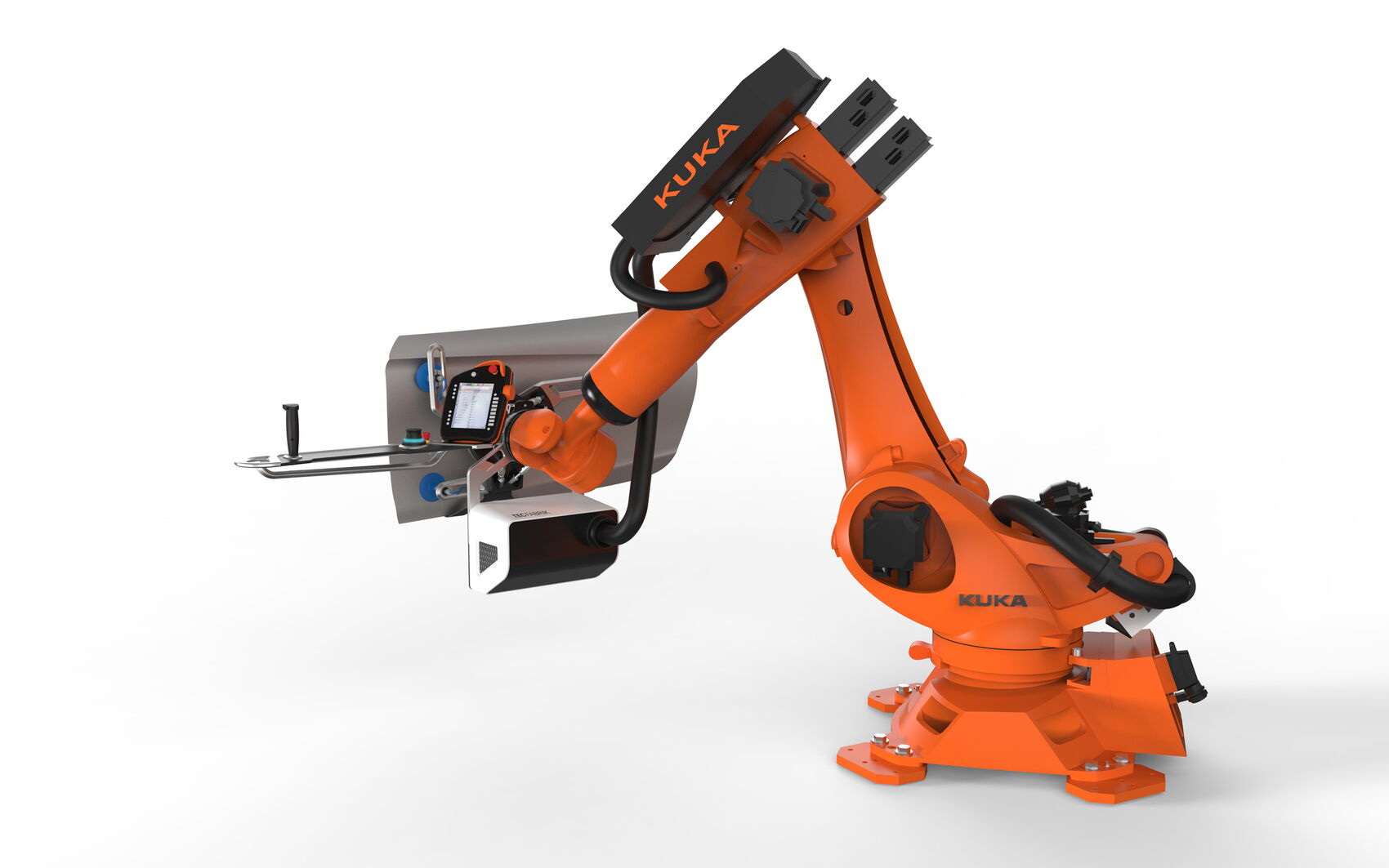 Gesamtansicht des TecFabrik LeanFit Robotiksystems mit KUKA-Cobot, ergonomischem Greifersystem und integrierter Bedieneinheit für die kollaborative Montage von Fahrzeugtüren.