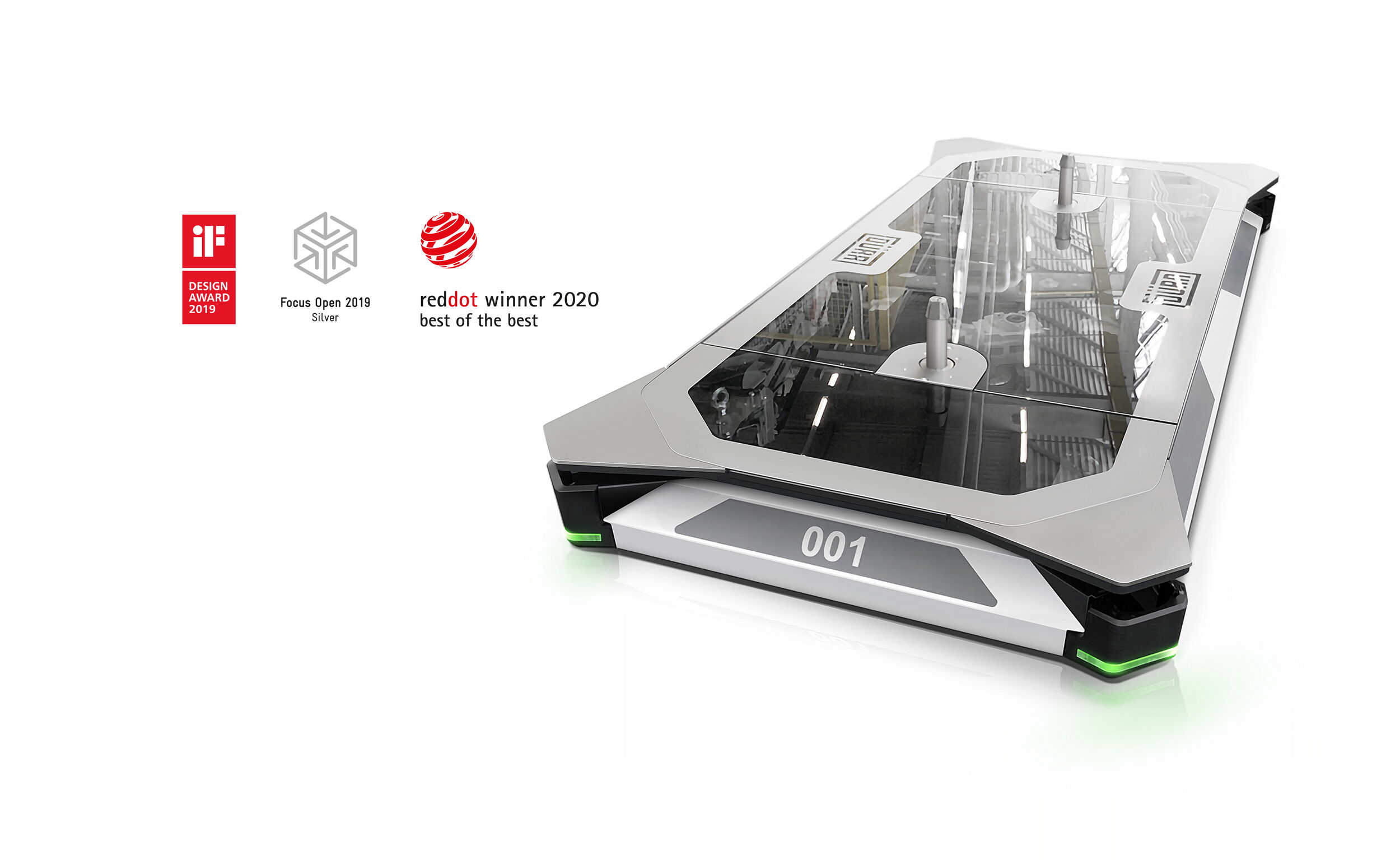 Industriedesign des Dürr EcoProFleet mit transparentem Gehäusekonzept für autonome Materialtransporte in der Smart Factory.