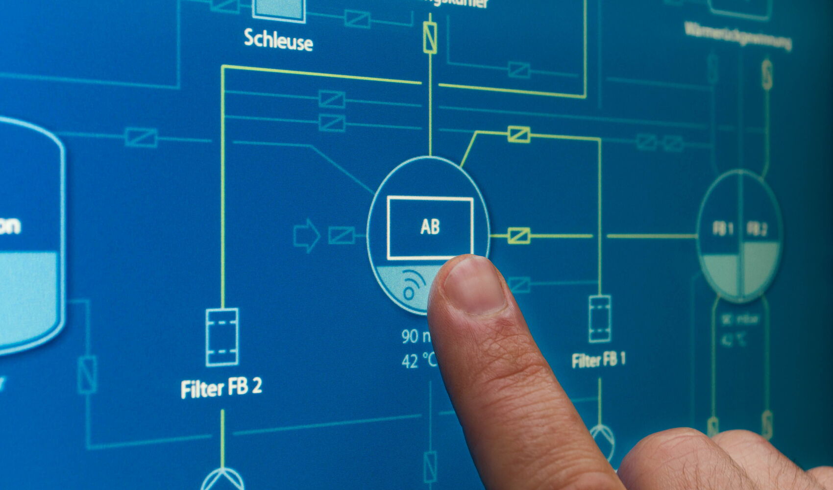 Großes HMI der Dürr Industrieanlage mit interaktiver Prozessvisualisierung und intuitivem User Interface Design zur Überwachung und Steuerung komplexer Produktionsprozesse.