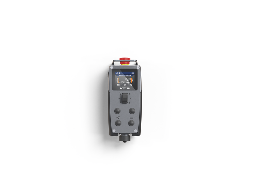 ROTZLER APEX Fernbedienung mit adaptivem User Interface, das sicherheitsrelevante Informationen und Bedienfunktionen situationsabhängig darstellt.