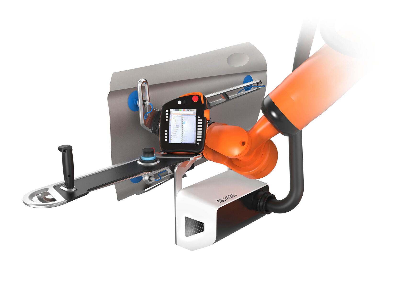 Detailansicht des Daimler TecFabrik LeanFit Robotiksystems mit ergonomischem Bedienterminal, 3D-Joystick, Greifersystem und KUKA-Cobot für die kollaborative Fahrzeugmontage.