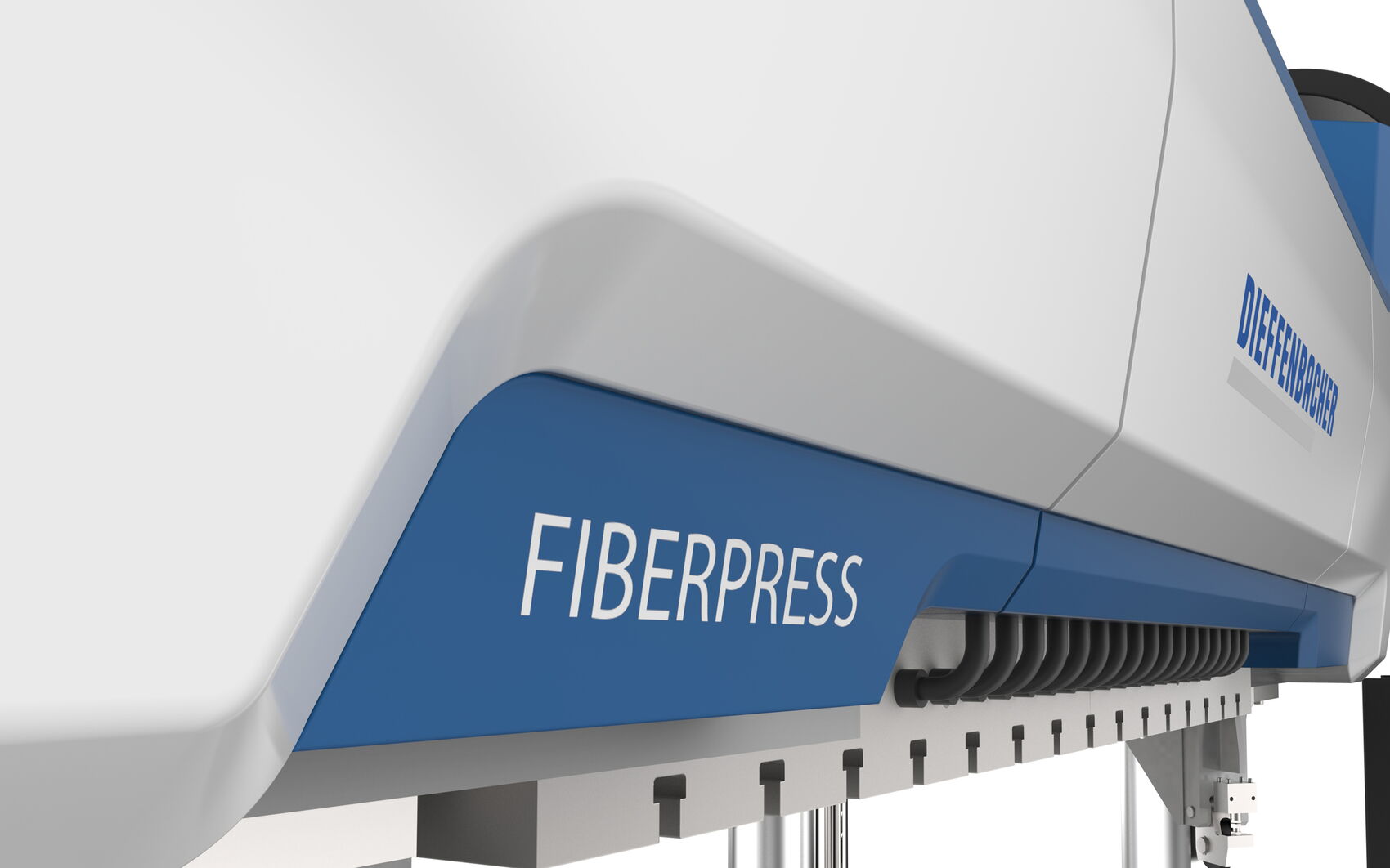 Detailaufnahme der Dieffenbacher Fiberpress mit präzise gestalteter Gehäusekontur, markentypischer Farbgebung und hochwertiger Oberflächengestaltung.