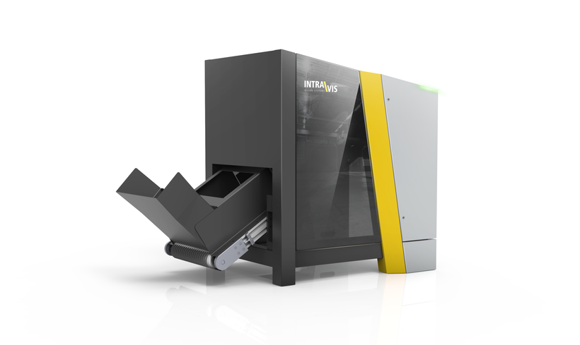 Designkonzept der PreMon Prüfanlage von Intravis mit markanter Gehäusegestaltung und kompaktem Maschinenbau Design für die optische Qualitätskontrolle.