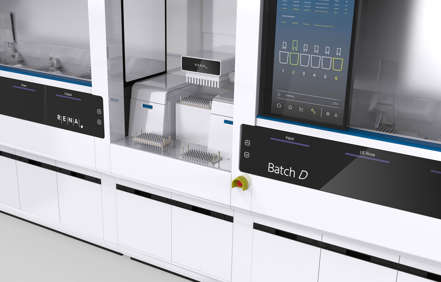 Industrial Design Detail der RENA Batch D mit funktionaler Bedienstruktur im Reinraumumfeld