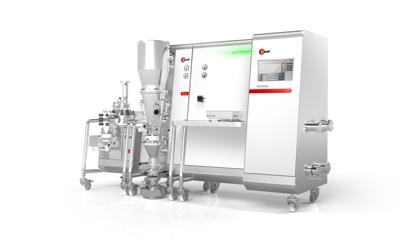 Modulares Maschinendesign des Glatt MultiLab Systems für die Entwicklung und Herstellung von Tabletten und Kapseln. Die All-in-One-Anlage vereint mehrere Prozessmodule in einer einheitlichen Produktarchitektur für Labor- und Pharmaanwendungen.