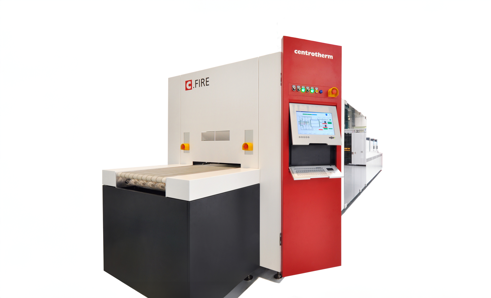 Industriedesign der centrotherm C.FIRE Produktionsanlage mit integriertem Bedienterminal, klappbarem Aluminium-Monitorrahmen und ergonomischem User Interface.