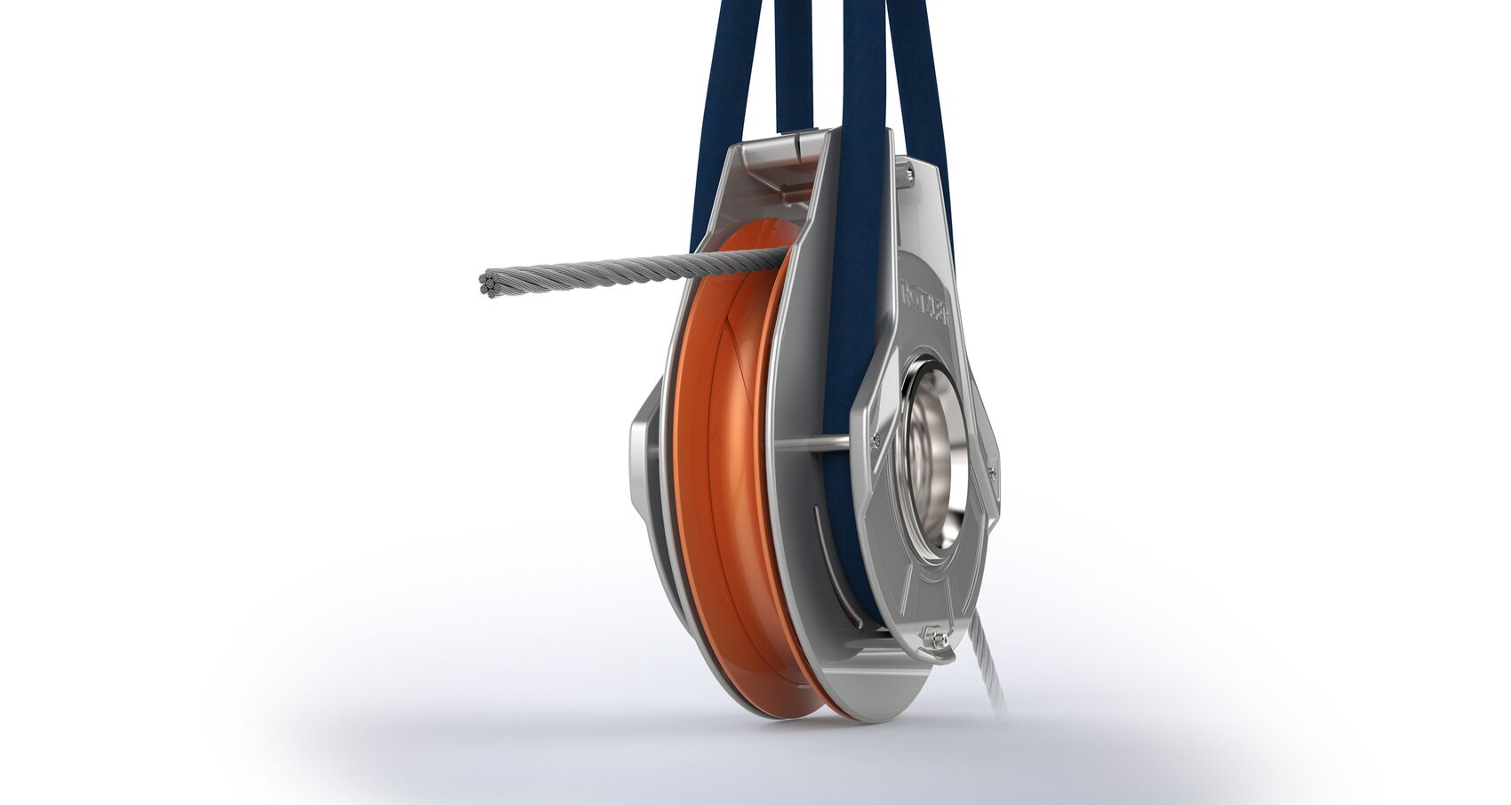 ROTZLER Seilrolle mit gewichtsoptimierter Tragkonstruktion und funktionalem Industrial Design.