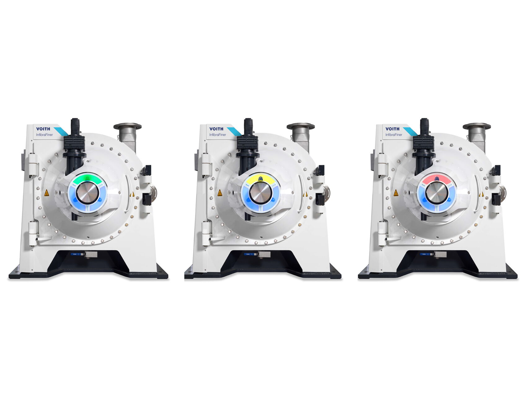 Industriedesign des Voith InfibraFiners mit integriertem SmartLight zur intuitiven Visualisierung von Maschinenstatus, Performance und Wartungszustand für großformatige Prozessmaschinen der Papierindustrie.