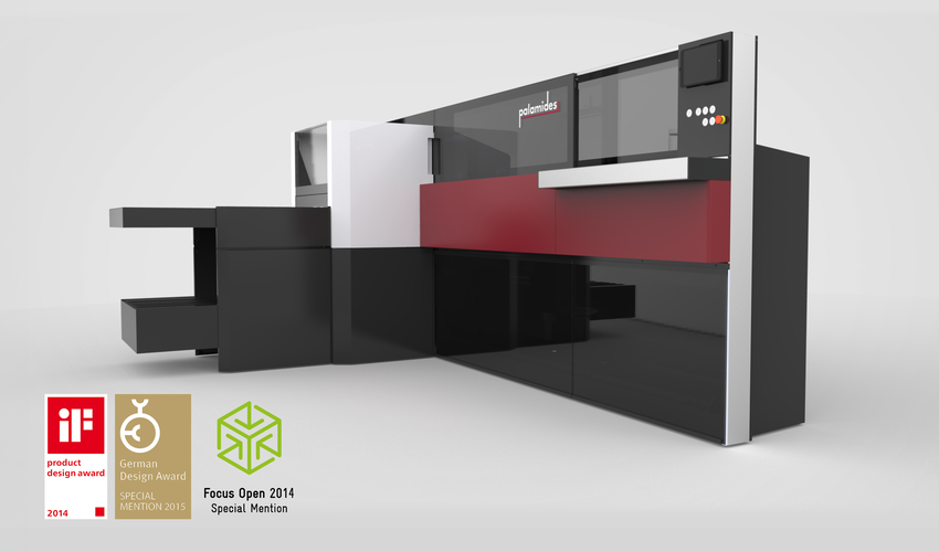 Award-winning industrial machine design of the Palamides smartliner240 bookbinding system featuring large glass surfaces, integrated HMI and premium machine architecture.