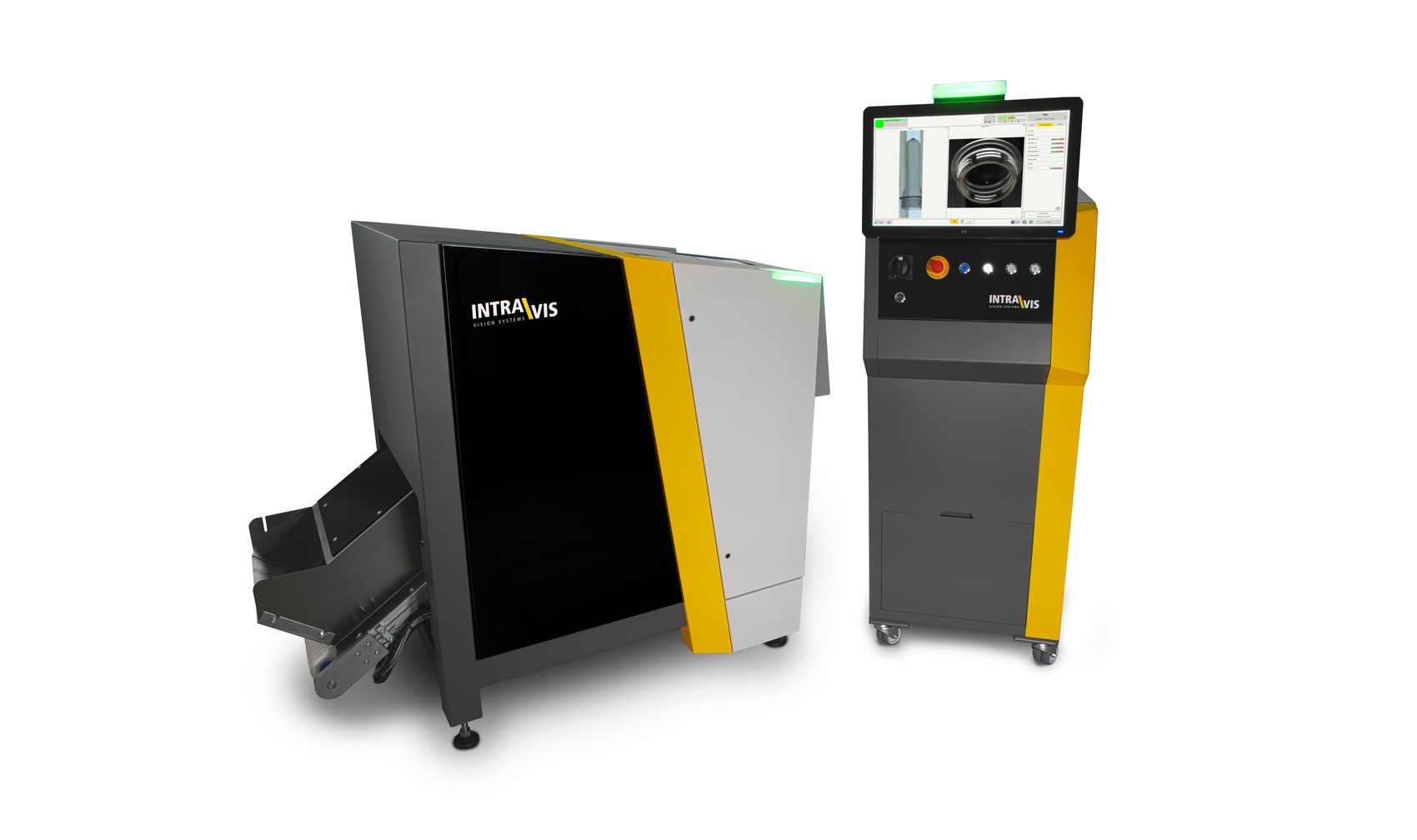 Industriedesign der PreMon Prüfanlage mit markanter Gehäusegestaltung, geneigter Front und präziser Formensprache für industrielle Prüftechnik.