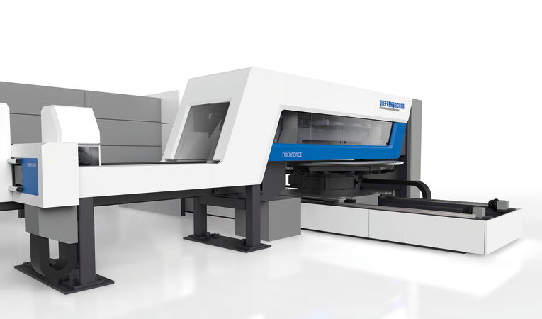 Automatisierte Dieffenbacher Fiberforge Produktionsanlage mit integriertem Maschinenhousing, transparenten Prozessfenstern und modernem Industrial Design.
