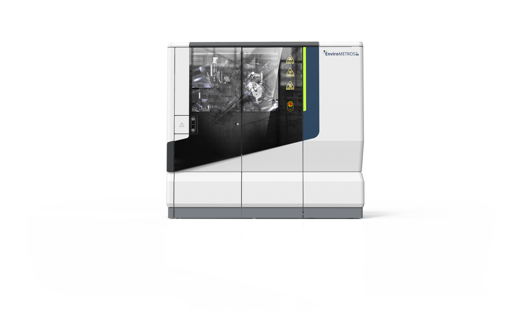 Industrial Design eines High-End-Analysegeräts mit asymmetrischer Glasfront, integriertem Statuslicht und hochwertigem Maschinengehäuse für den Labor- und Maschinenbau.