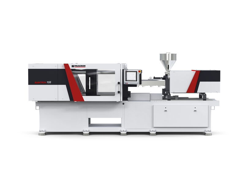 Seitenansicht der Milacron ELEKTRON 155 mit prägnanter Designfinne und konsistenter Markenidentität über die gesamte Produktfamilie.
