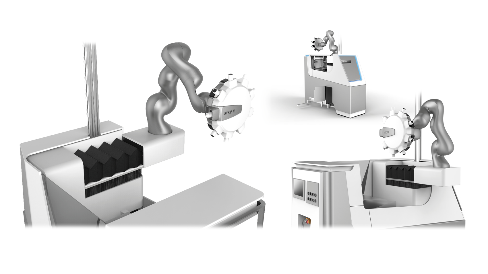 3D-Konzeptstudien eines kollaborativen Roboterarms mit entwickelter Werkzeugaufnahme und integrierter Maschinenkinematik.