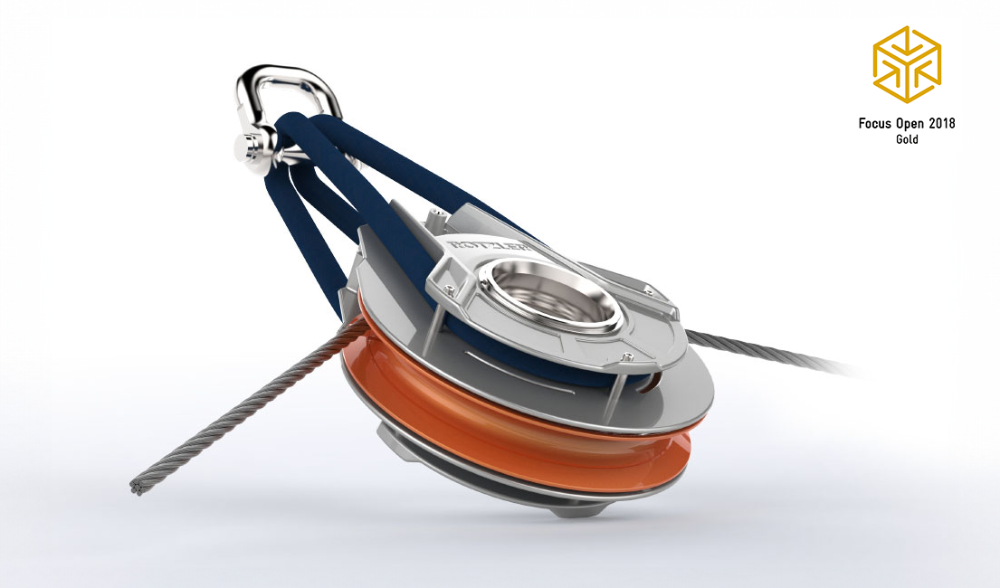 ROTZLER Umlenkrolle mit leichter Tragspange und funktionalem Industrial Design für industrielle Seilwinden.