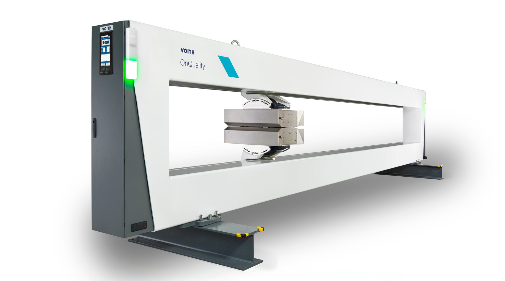 Industriedesign des Voith OnQuality.Scanners mit hochwertiger Produktarchitektur, integriertem Bedienterminal, Signalleuchten und präzisem Sensorkopf für die kontinuierliche Qualitätsmessung in der Papierproduktion.