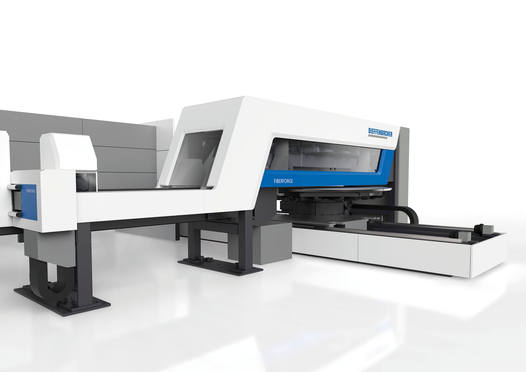 Seitenansicht der Dieffenbacher Fiberforge Fertigungslinie mit Materialzuführung, Prozessmodul und integriertem Industrial Design für die automatisierte Composite-Produktion.