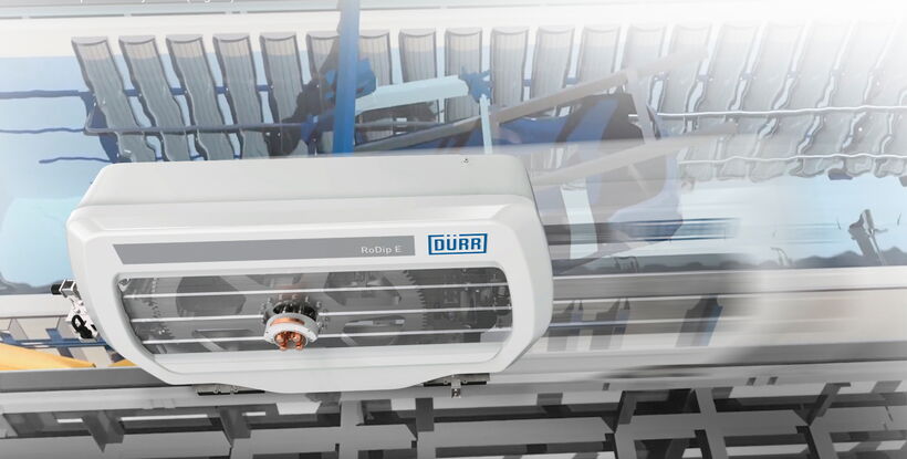 DÜRR RoDip Carrier im automatisierten Fördersystem einer Lackieranlage für Fahrzeugkarosserien.