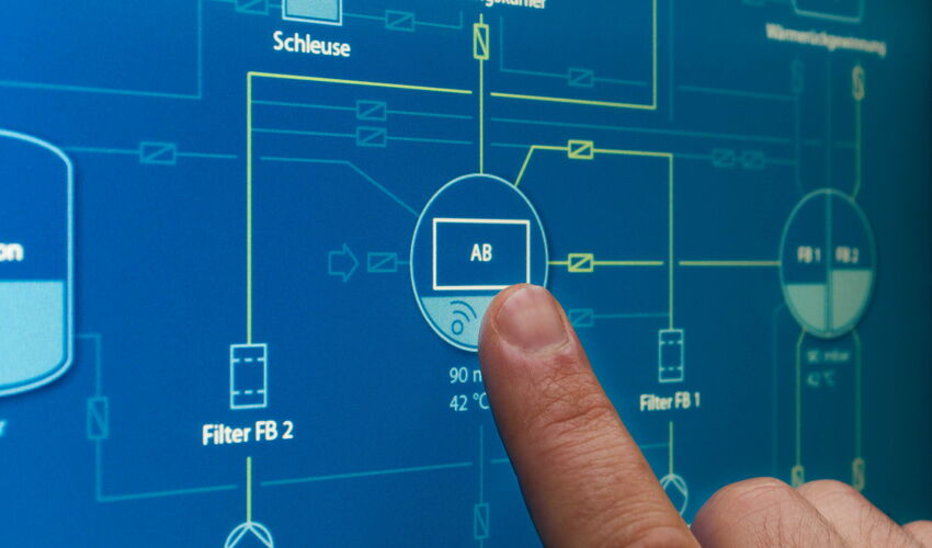 Large-scale HMI for a Dürr industrial system featuring interactive process visualization and intuitive user interface design for monitoring and controlling complex production processes.