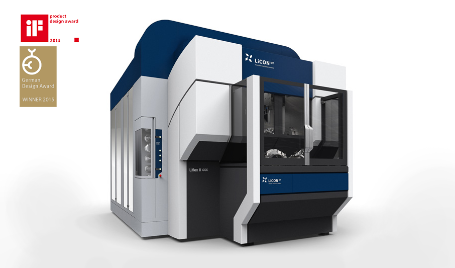 Maschinendesign des LiCON LiFLEX II 444 Doppelspindel-Bearbeitungszentrums mit großflächiger Verglasung, ergonomischem Türsystem und Fokus auf die Bearbeitungskammer für höchste Präzision und Produktivität.