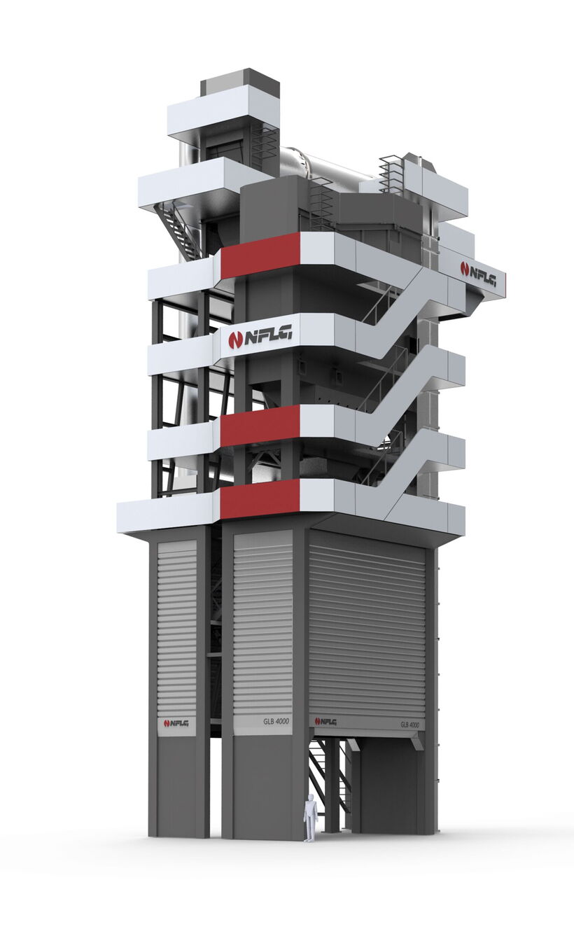 Detailansicht der modularen Fassadenverkleidung der NFLG GLB 4000 Asphaltmischanlage. Horizontale Verkleidungselemente strukturieren den Anlagenturm und schaffen eine unverwechselbare Markenidentität.