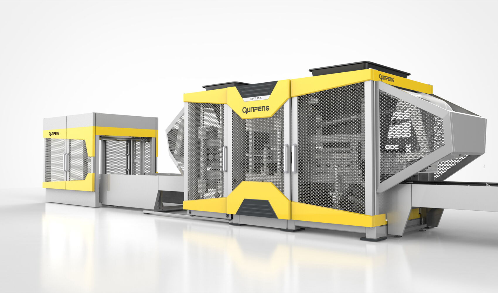 Maschinendesign der Qunfeng QFT Betonstein-Produktionsanlage mit markanter gelb-grauer Formensprache, modularer Schutzeinhausung und industrieller Anlagenarchitektur für die Herstellung von Betonsteinen und Pflastersteinen.