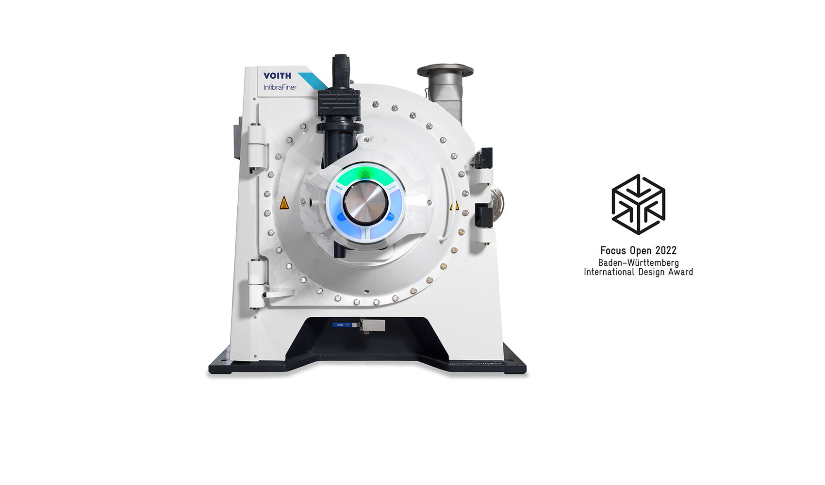 Preisgekröntes Maschinendesign des Voith InfibraFiners für die Papierindustrie mit robuster Maschinenarchitektur, integriertem SmartLight und funktionalem Industriedesign für großformatige Prozessmaschinen.