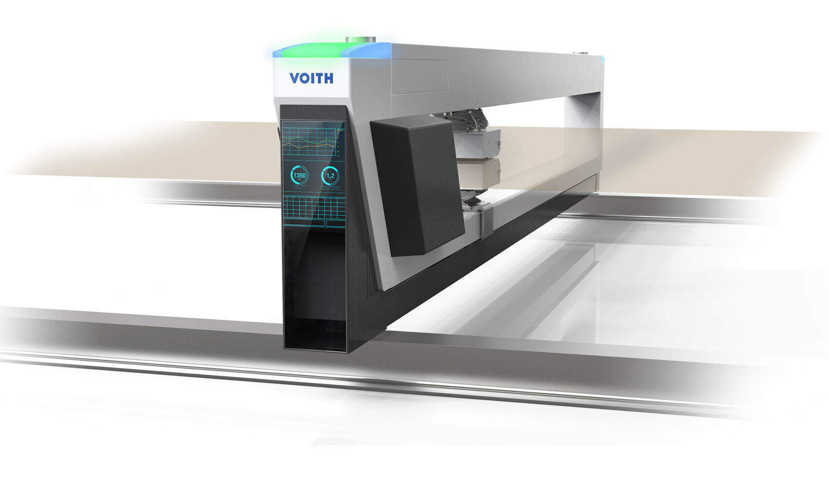 Maschinendesign des Voith OnQuality.Scanners für die kontinuierliche Qualitätsmessung in der Papierproduktion mit integrierter Sensortechnik, kompakter Produktarchitektur und hochwertigem Industriedesign.