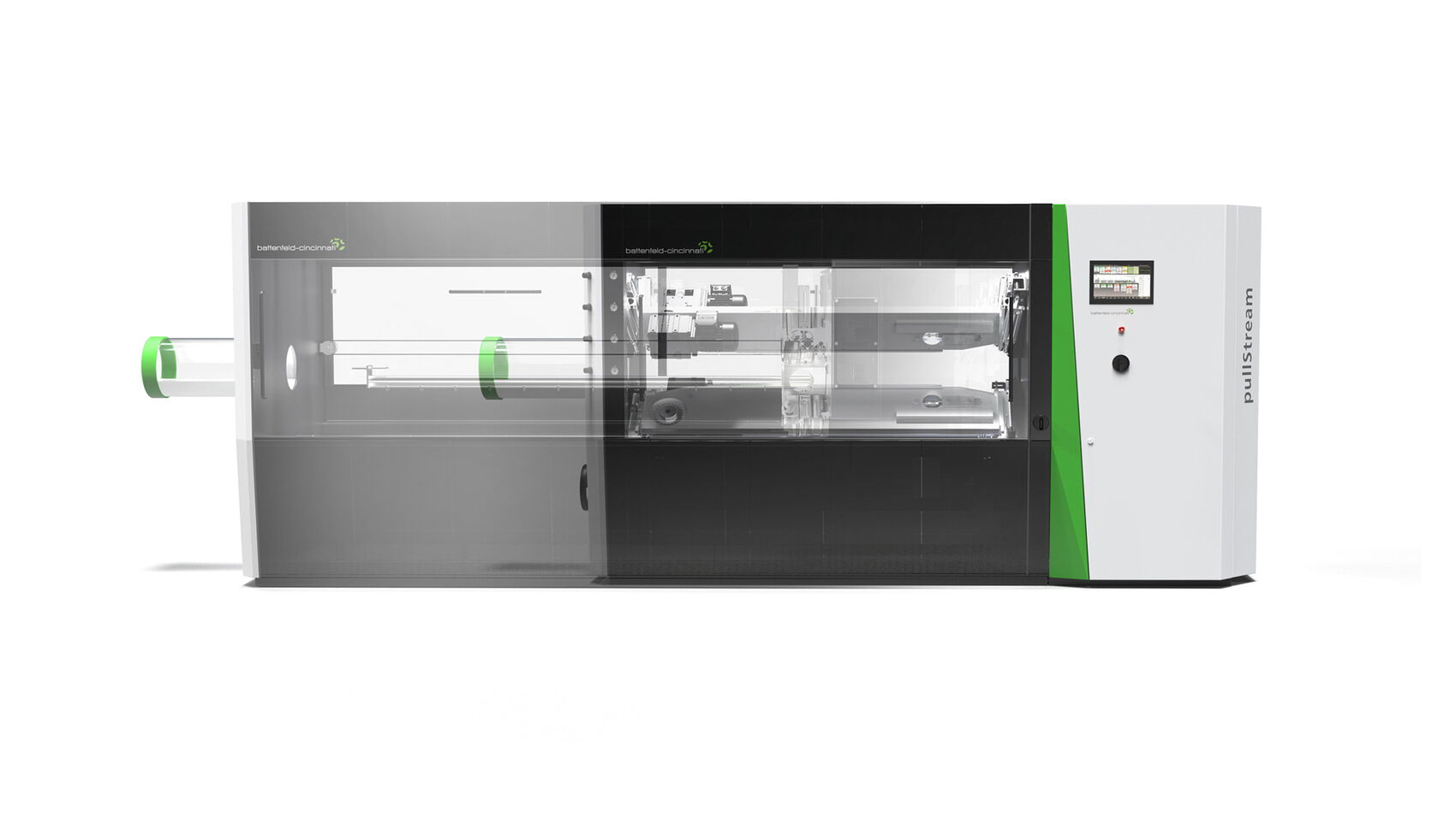 Maschinendesign der Battenfeld-Cincinnati PullStream mit transparenter Maschineneinhausung, integriertem Bedienkonzept und optimaler Prozesssichtbarkeit für moderne Kunststoffextrusionslinien.