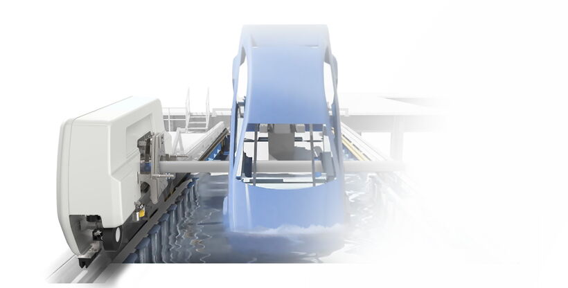 DÜRR RoDip Carrier mit industriellem Gehäusedesign während des automatisierten Tauchlackierprozesses einer Fahrzeugkarosserie.