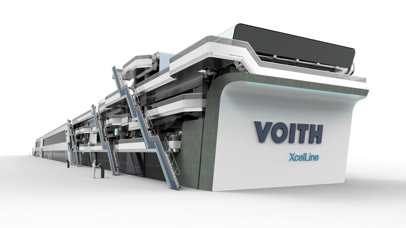 Modernes Maschinendesign einer modularen Papiermaschine mit integrierter Formensprache, reduziertem Anlagenlayout und markenprägender Gestaltung für industrielle Produktionsanlagen.