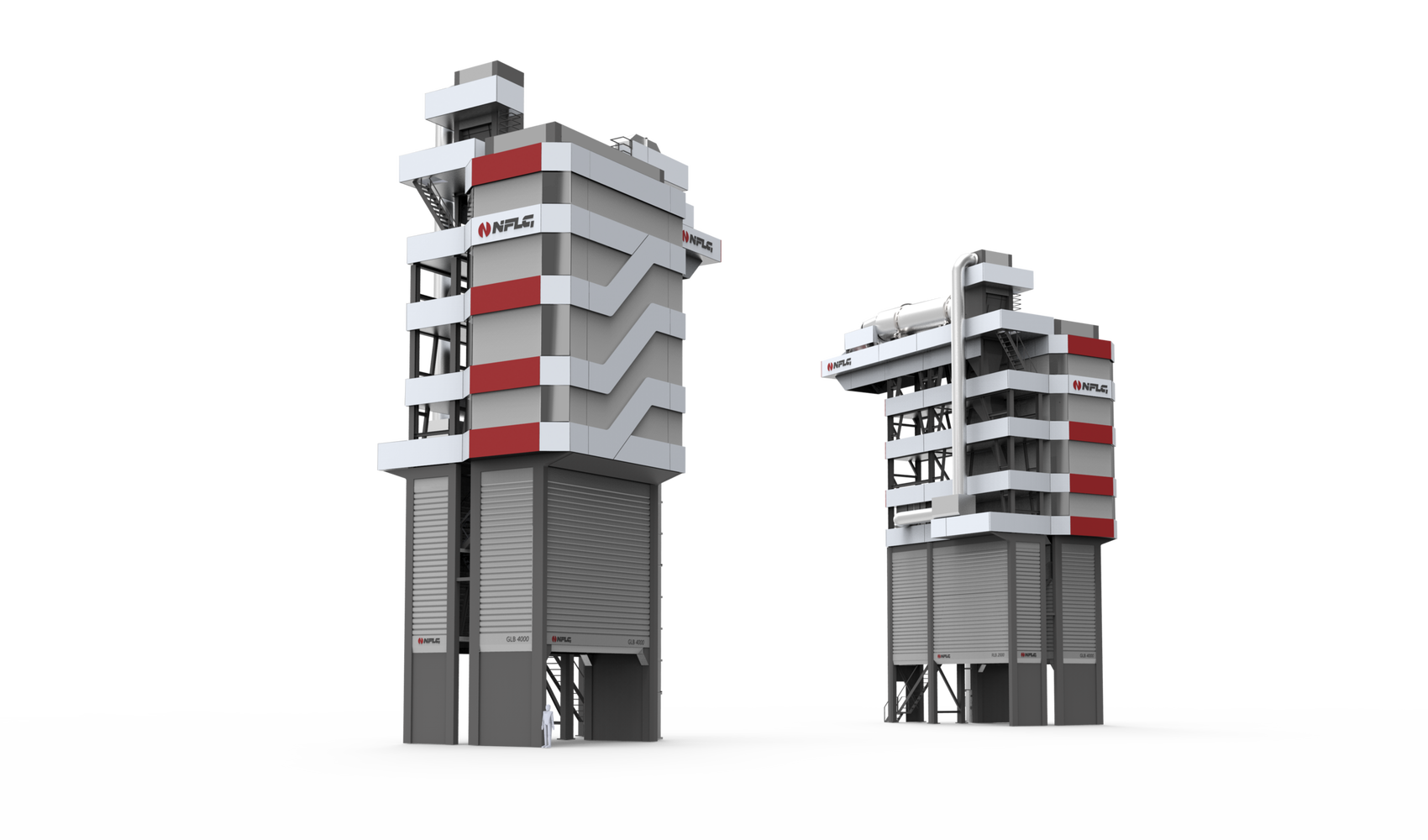 Visualisierung der NFLG GLB 4000 Asphaltmischanlage mit architektonisch gestalteter Fassadenverkleidung und markant gegliedertem Anlagenturm.