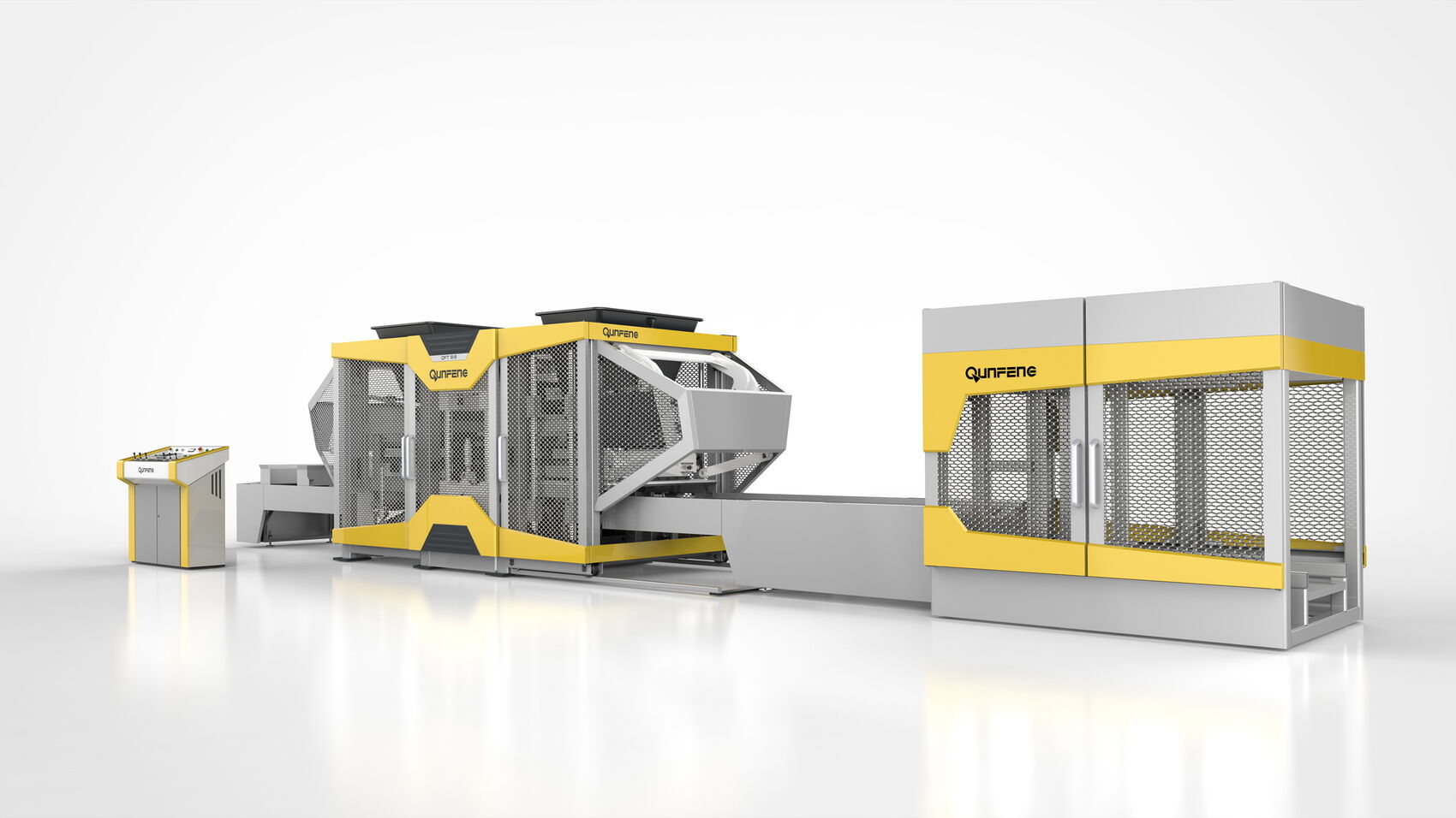 Gesamtansicht der modularen Qunfeng QFT Produktionsanlage für Betonsteine mit Bedienpult, Formpresse und Materialhandling-Modulen im durchgängigen Investitionsgüterdesign.