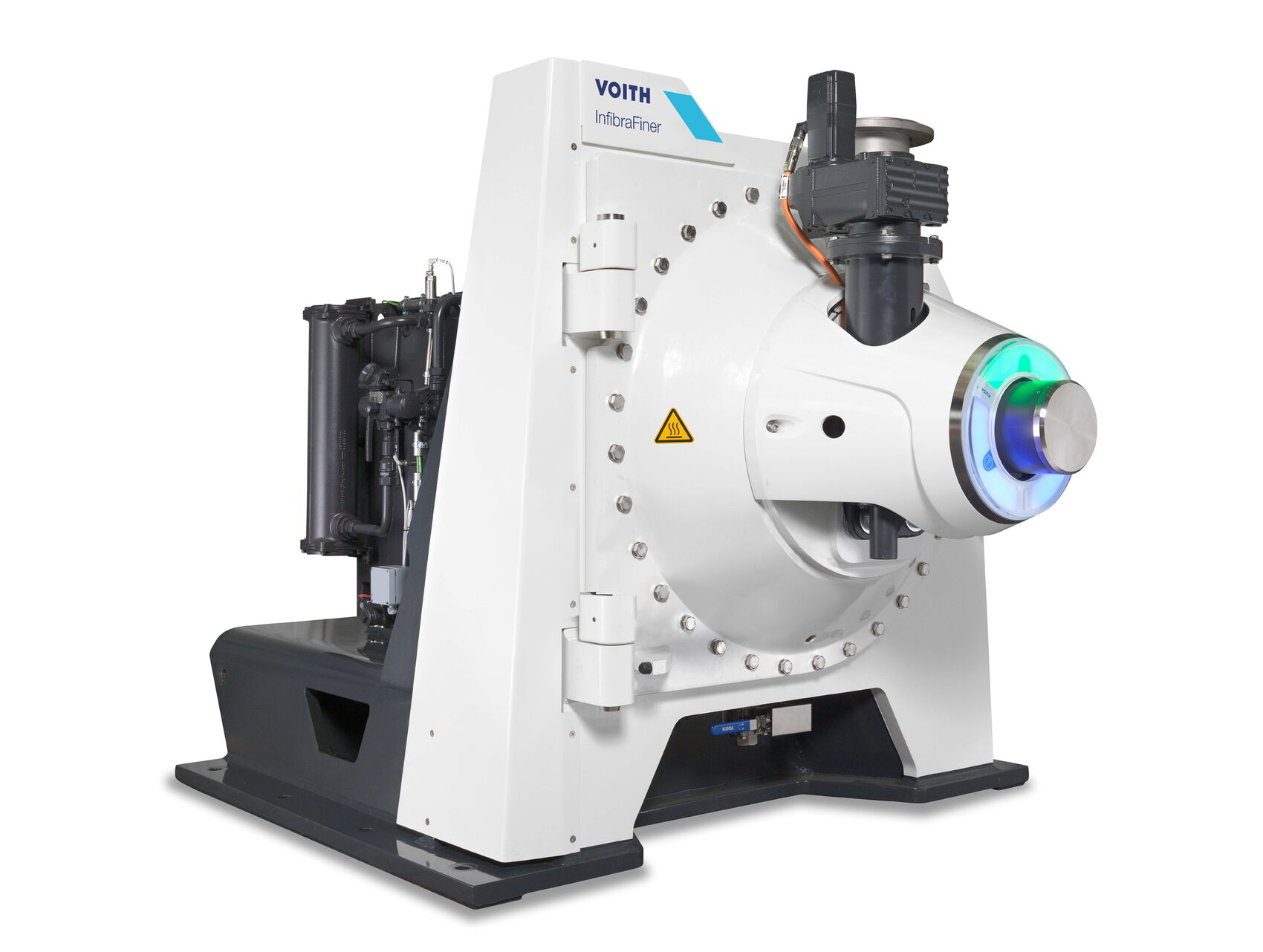Industriedesign des Voith InfibraFiners mit markanter Maschinenfront, integriertem SmartLight und robuster Maschinenarchitektur für großformatige Prozessmaschinen der Papierindustrie.