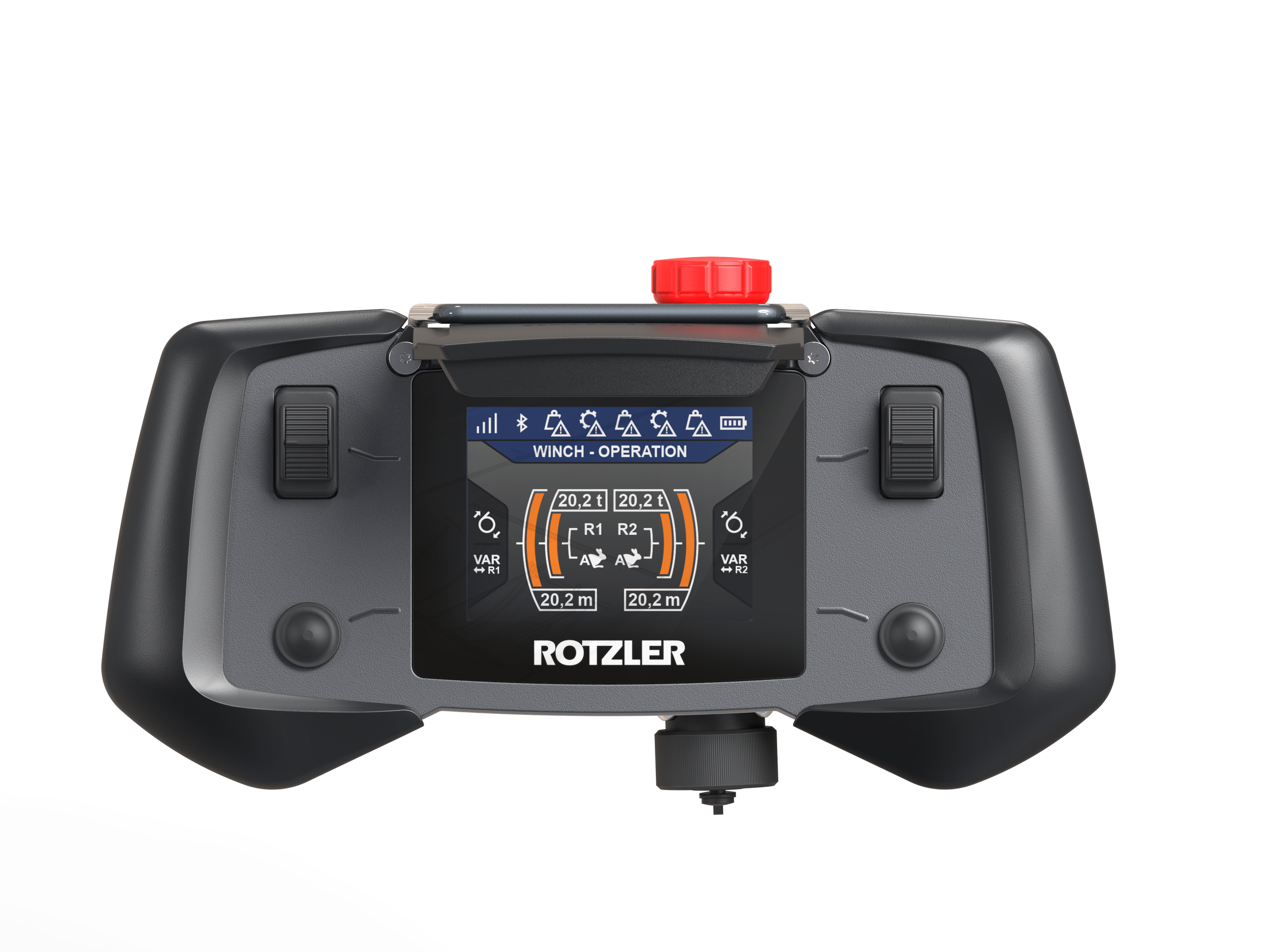 ROTZLER APEX Fernbedienung mit ergonomisch geformten Griffbereichen, optimal angeordneten Bedienelementen und benutzerorientiertem Industrial Design für den professionellen Einsatz.